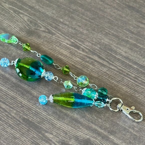 Hand Crafted Jewelry - Beaded Bag Charm, Lampwork & Faceted Glass Beads in Shades of Blue & Green - NEW